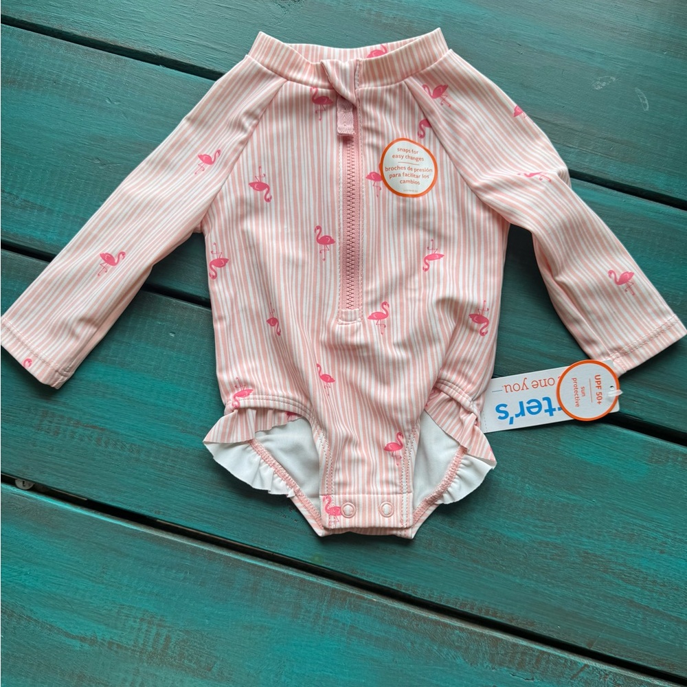 Carter's Pink Striped Flamingo Long-Sleeve One-Piece Swim